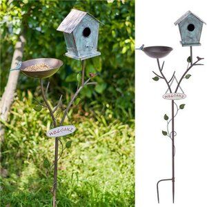 Bird Baths and BirdHouses with Pole, Distressed Metal Bird Bath Bowl